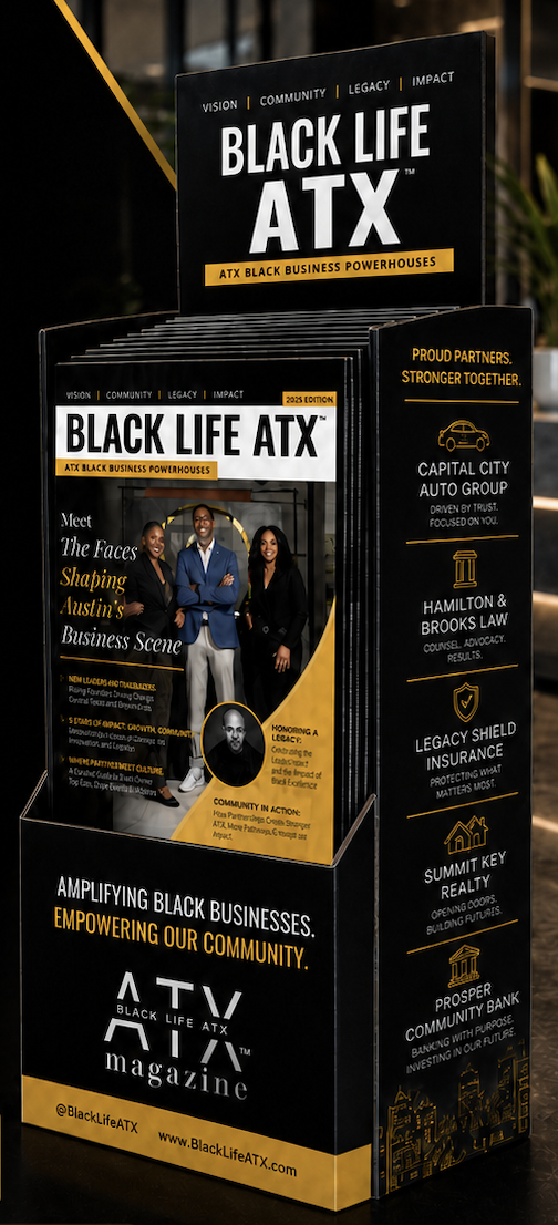 Black Life ATX magazine display stand featuring sponsor slots